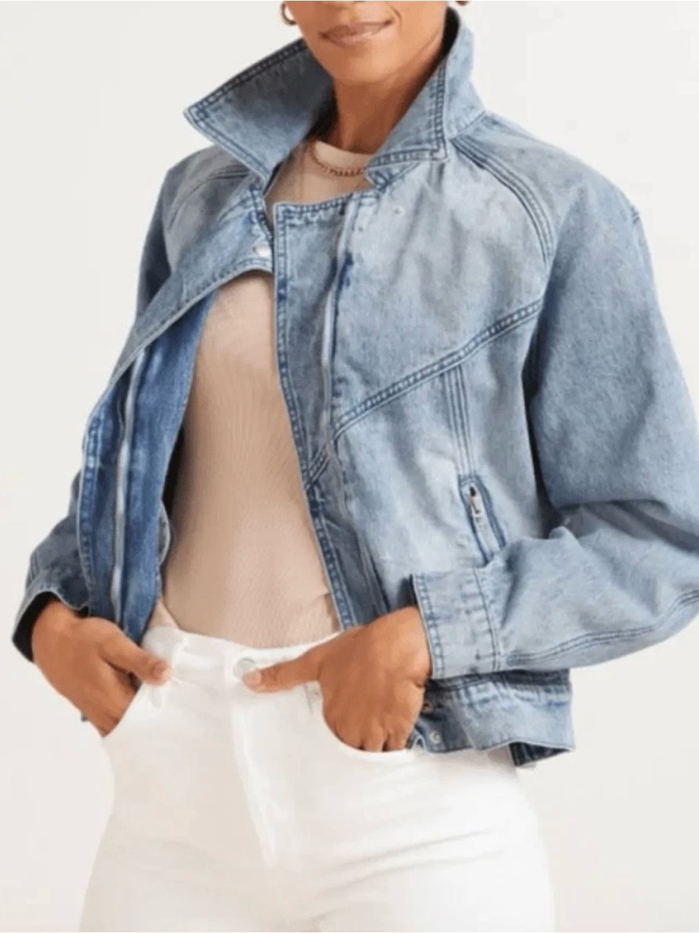 Blank NYC Denim Jean Jacket for Women, Light Blue Wash, Front Zip, Retro Style,S